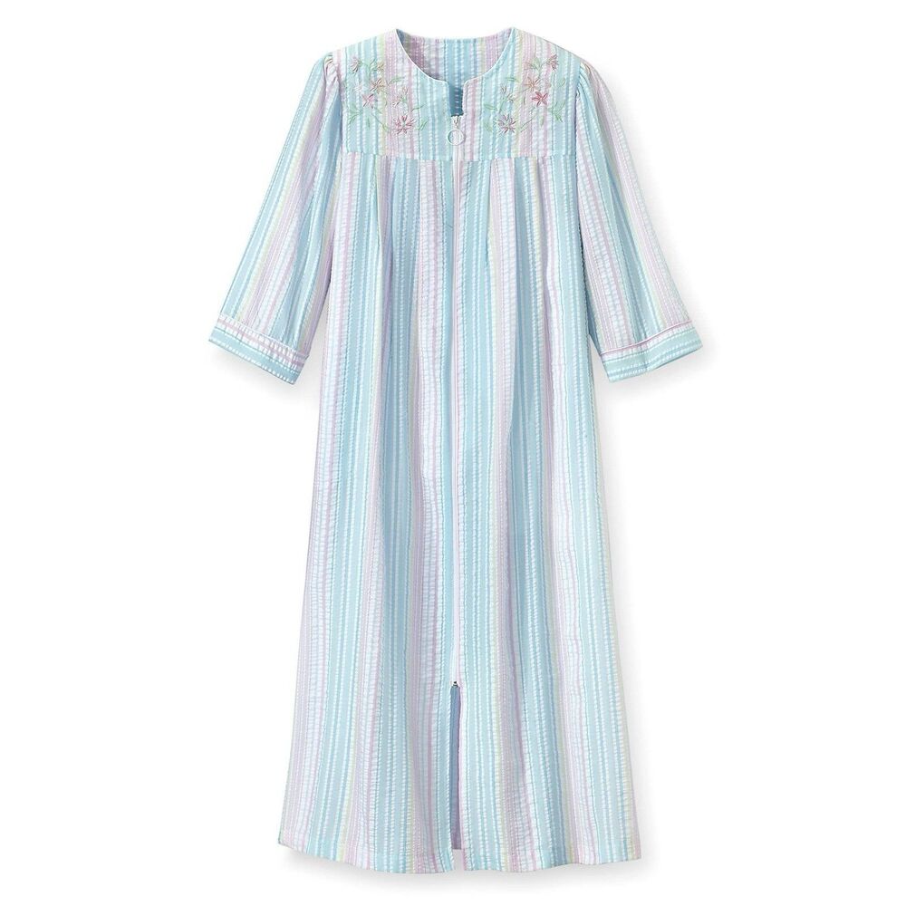 Country Store 1X Housecoat Duster Seersucker Pastel‎ Stripe Zip Front 2 Pockets